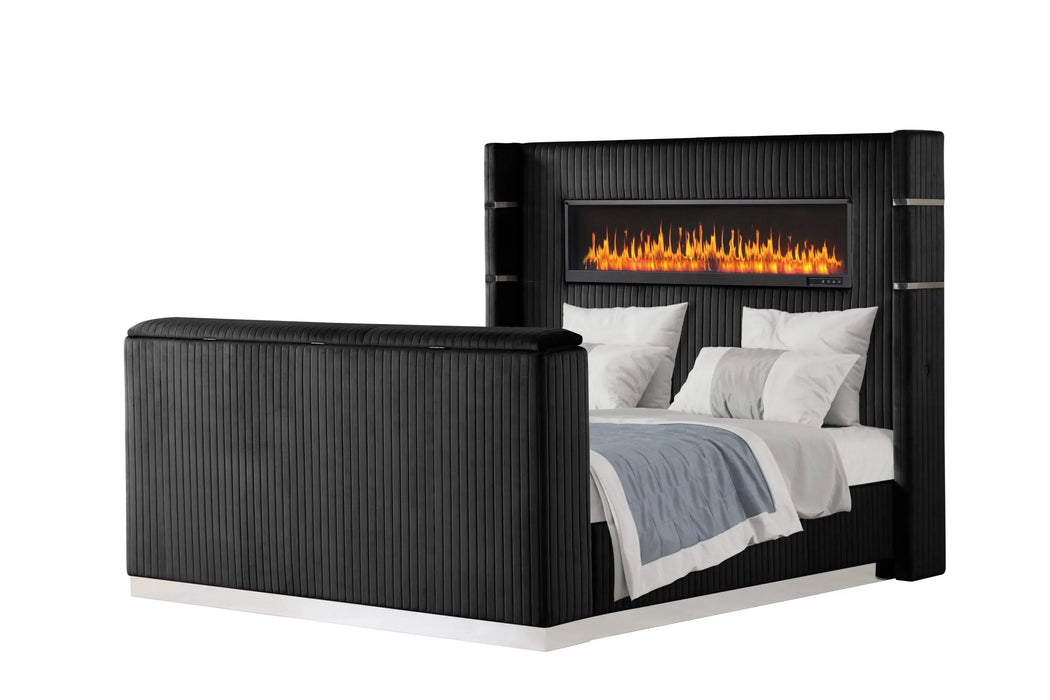 Lavish Modern Style 5 Pc King Bedroom Set Made with Fireplace in Headboard & TV stand in Footboard with Wood in Black(CA INVENTORY) Default -DTYStore