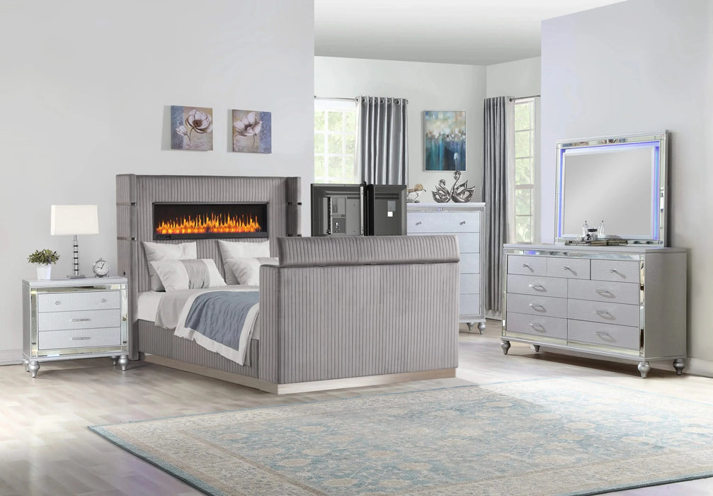 Lavish Modern Style 5 Pc King Bedroom Set Made with Fireplace in Headboard & TV stand in Footboard with Wood in Grey Default -DTYStore