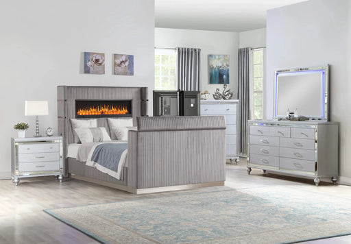 Lavish Modern Style 5 Pc King Bedroom Set Made with Fireplace in Headboard & TV stand in Footboard with Wood in Grey Default -DTYStore