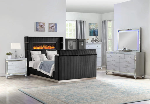 Lavish Modern Style 5 Pc Queen Bedroom Set Made with Fireplace in Headboard & TV stand in Footboard with Wood in Black(CA INVENTORY) Default -DTYStore