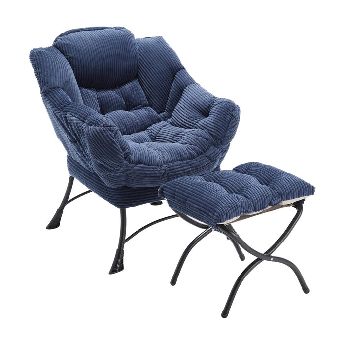 Lazy Chair with Ottoman, Modern Lounge Accent Chair with Armrests and a Side Pocket, Leisure Upholstered Sofa Chair Reading Chair with Footrest for Small Space, Corner Chair-Navy blue Default -DTYStore