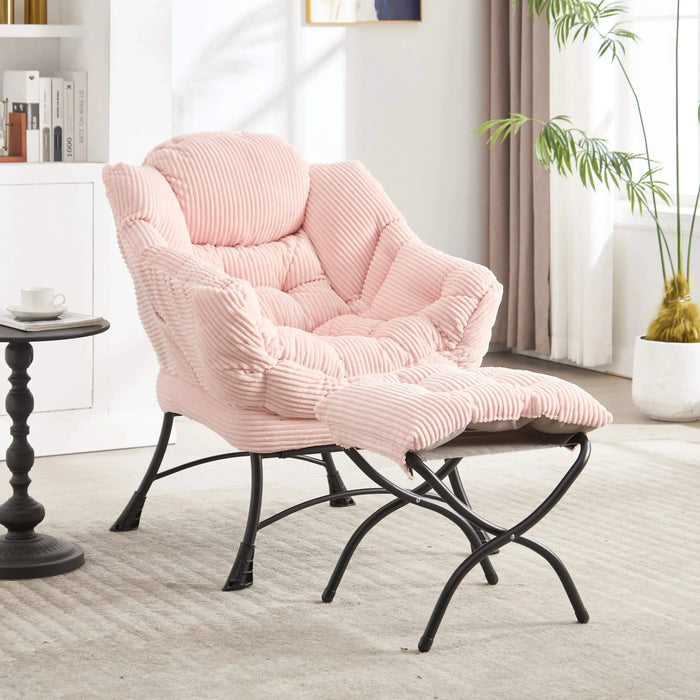 Lazy Chair with Ottoman, Modern Lounge Accent Chair with Armrests and a Side Pocket, Leisure Upholstered Sofa Chair Reading Chair with Footrest for Small Space, Corner Chair-Pink Default -DTYStore