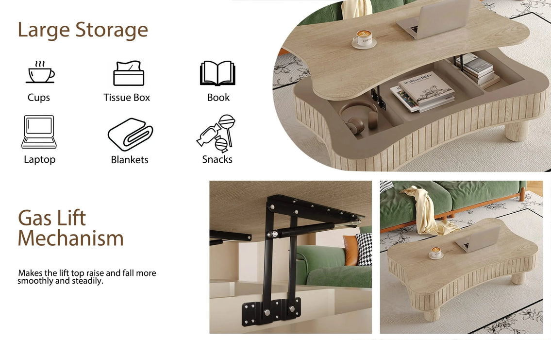 Lift Top Coffee Table for Living Room 42' - Fluted Panel Hidden Storage, Silent Hydraulic Lift, Curved Safety Corners, 5 Min Assembly (27'W x 13-18.9'H,Antique Light Natural) Default -DTYStore