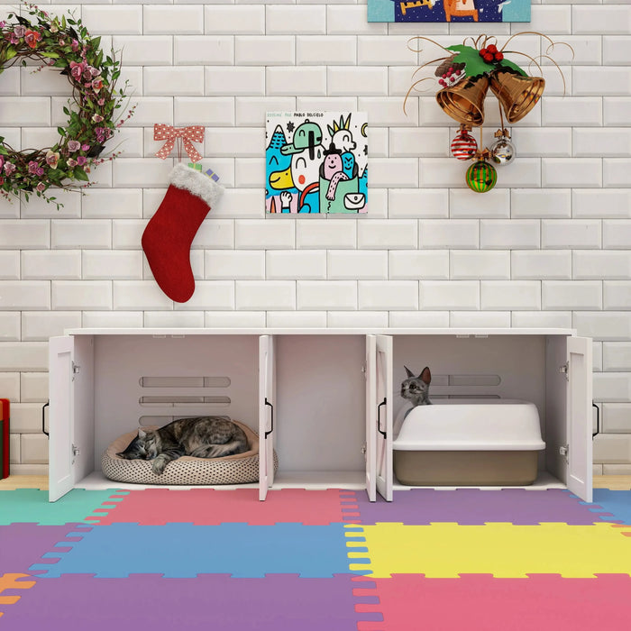 Litter Box Enclosure for 2 Cats, Modern Cat Litter Box Furniture with Double Room, Wooden Litter Box Furniture with Cat Door, 59.05'L x 17.71'W x 18.89'H-White Default -DTYStore