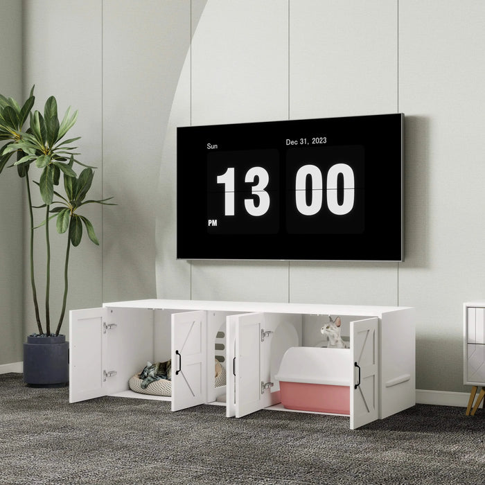 Litter Box Enclosure for 2 Cats, Modern Cat Litter Box Furniture with Double Room, Wooden Litter Box Furniture with Cat Door, 59.05'L x 17.71'W x 18.89'H-White Default -DTYStore