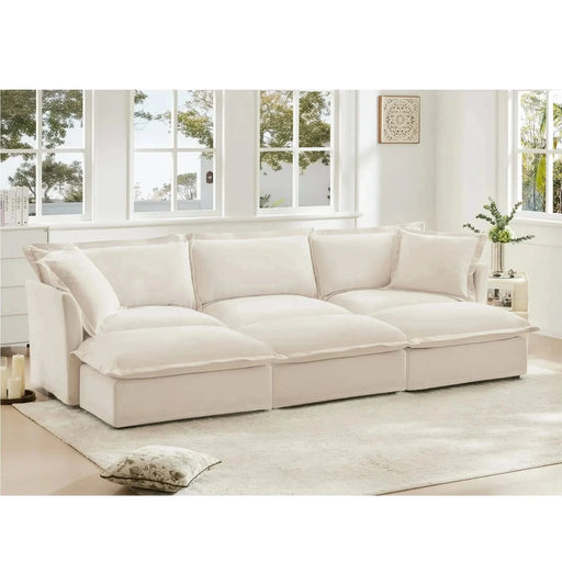 Living Room Sofa Slipcovered Sofa 3 Seater Sofa With 3 Ottomans, Oversized 3-Seat Sleeper Sofa Bed Home Theater Sofa, Chenille Cream -DTYStore