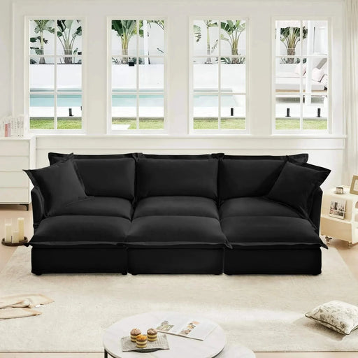 Living Room Sofa Slipcovered Sofa 3 Seater Sofa With 3 Ottomans, Oversized 3-Seat Sleeper Sofa Bed Home Theater Sofa, Chenille Black -DTYStore