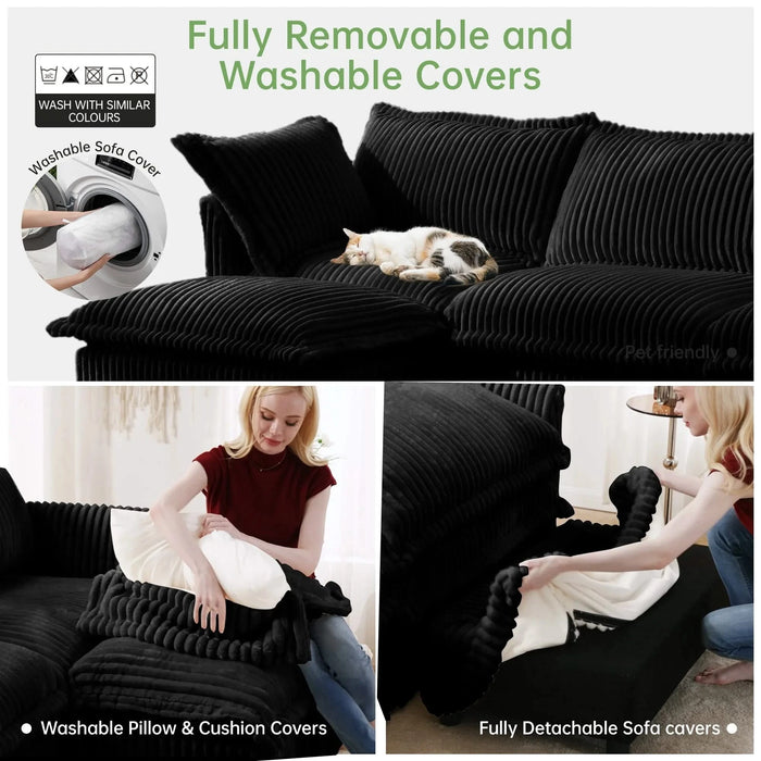 Living Room Sofa Slipcovered Sofa 3 Seater Sofa With 3 Ottomans, Oversized 3-Seat Sleeper Sofa Bed Home Theater Sofa, Corduroy, Black Default -DTYStore