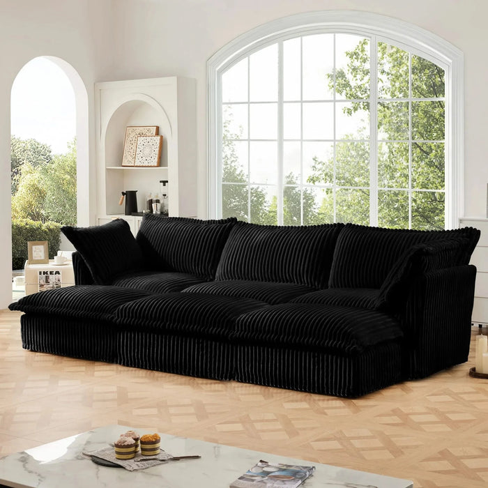 Living Room Sofa Slipcovered Sofa 3 Seater Sofa With 3 Ottomans, Oversized 3-Seat Sleeper Sofa Bed Home Theater Sofa, Corduroy, Black Default -DTYStore
