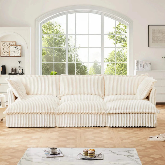 Living Room Sofa Slipcovered Sofa 3 Seater Sofa With 3 Ottomans, Oversized 3-Seat Sleeper Sofa Bed Home Theater Sofa, Corduroy, Cream Default -DTYStore