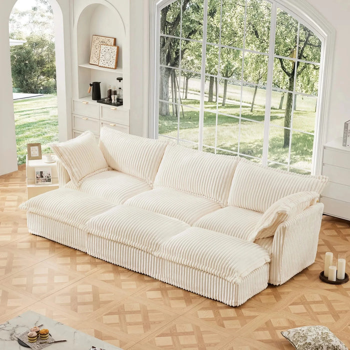 Living Room Sofa Slipcovered Sofa 3 Seater Sofa With 3 Ottomans, Oversized 3-Seat Sleeper Sofa Bed Home Theater Sofa, Corduroy, Cream Default -DTYStore