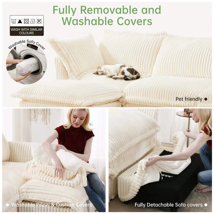 Living Room Sofa Slipcovered Sofa 3 Seater Sofa With 3 Ottomans, Oversized 3-Seat Sleeper Sofa Bed Home Theater Sofa, Corduroy, Cream Default -DTYStore