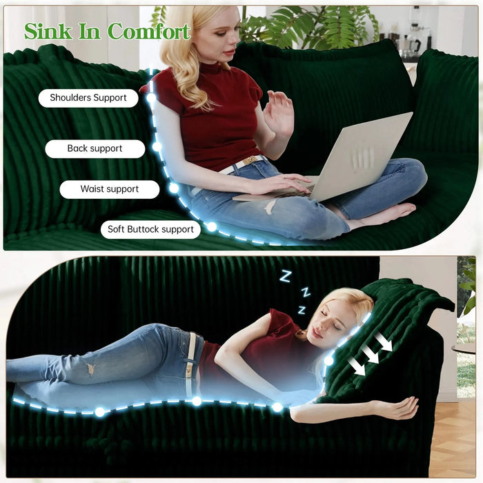 Living Room Sofa Slipcovered Sofa 3 Seater Sofa With 3 Ottomans, Oversized 3-Seat Sleeper Sofa Bed Home Theater Sofa, Corduroy, Green Default -DTYStore