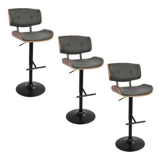 Lombardi Mid-Century Modern Adjustable Barstool with Swivel in Black Metal, Walnut Wood and Grey Faux Leather with Straight T Footrest by LumiSource - Set of 3 Default -DTYStore