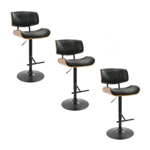 Lombardi Mid-Century Modern Adjustable Barstool with Swiviel in Black Metal, Walnut Wood and Black Faux Leather with Straight T Footrest by LumiSource - Set of 3 Default -DTYStore