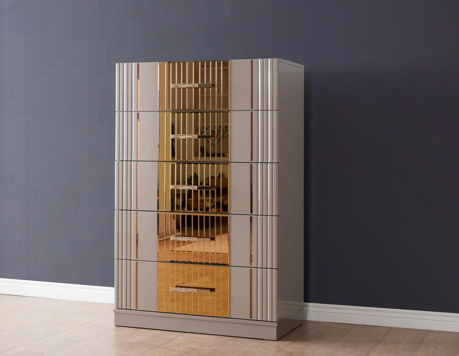 Lorenzo Queen 5 Pc Tufted Upholstery Bedroom set made with Wood and Gold Accents in Gray(NJ Warehouse Inventory) Default -DTYStore