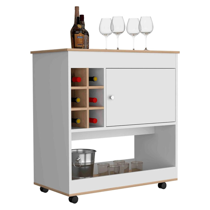 Lotus Bar Cart, Six Bottle Cubbies, One Cabinet, Four Casters, Light Oak / White Default -DTYStore