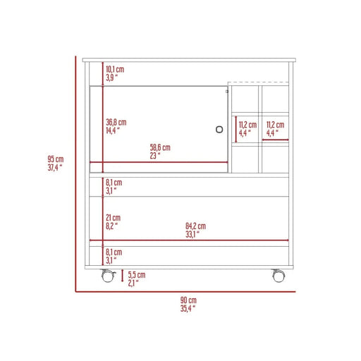 Lotus Bar Cart, Six Bottle Cubbies, One Cabinet, Four Casters, Light Oak / White Default -DTYStore