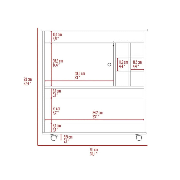 Lotus Bar Cart, Six Bottle Cubbies, One Cabinet, Four Casters, Light Oak / White Default -DTYStore
