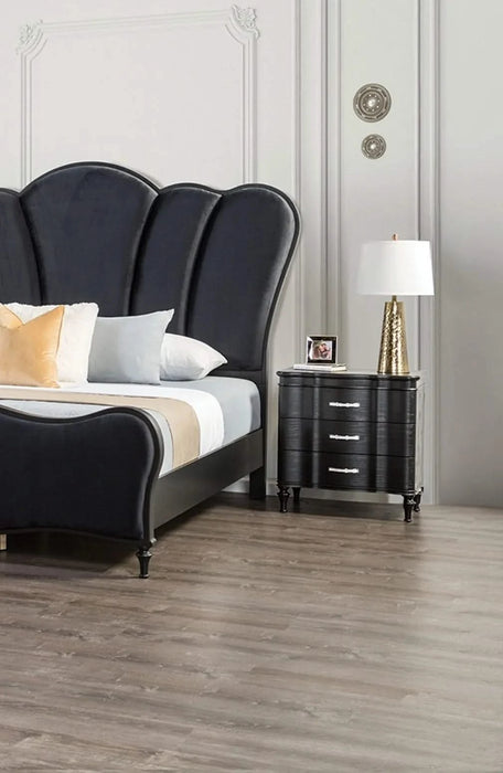 Lovely Attractive Bedroom 3pc Set Eastern King Size Bed 2x Nightstands Black Fabric Padded HB Wood Legs Default -DTYStore