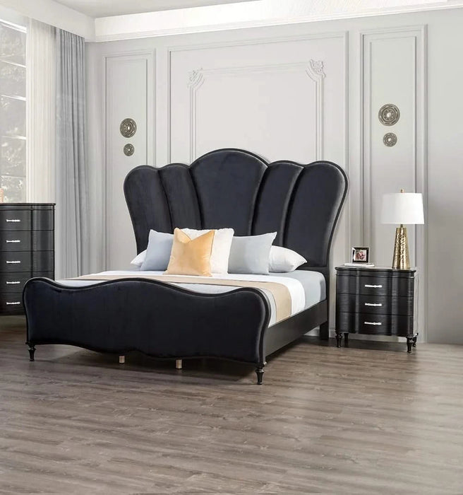 Lovely Attractive Bedroom 3pc Set Eastern King Size Bed 2x Nightstands Black Fabric Padded HB Wood Legs Default -DTYStore