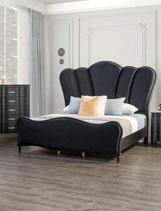 Lovely Attractive Bedroom 3pc Set Eastern King Size Bed 2x Nightstands Black Fabric Padded HB Wood Legs Default -DTYStore
