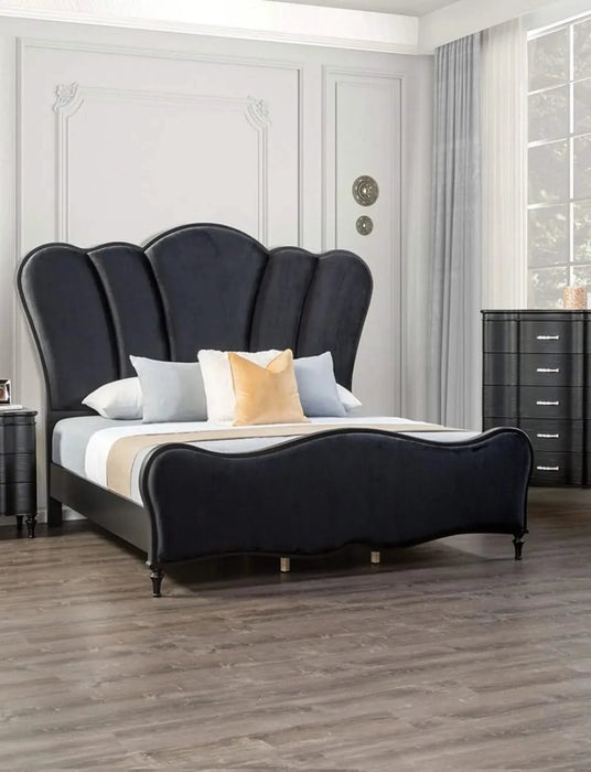 Lovely Attractive Bedroom 3pc Set Queen Size Bed 2x Nightstands Black Fabric Padded HB Wood Legs Default -DTYStore