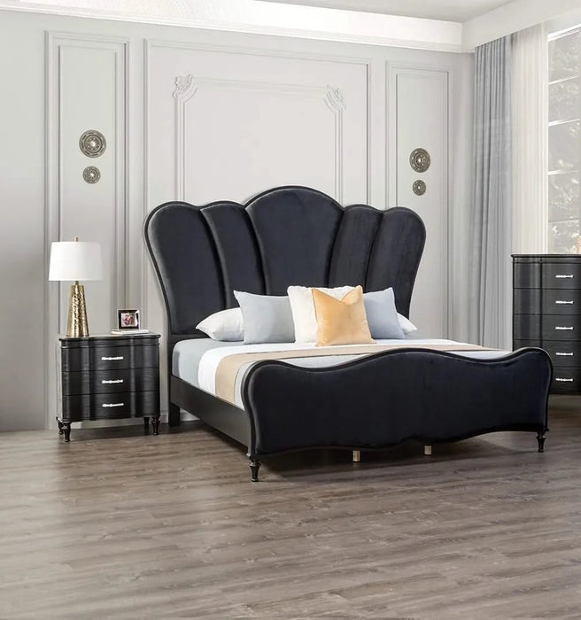 Lovely Attractive Bedroom 3pc Set Queen Size Bed 2x Nightstands Black Fabric Padded HB Wood Legs Default -DTYStore