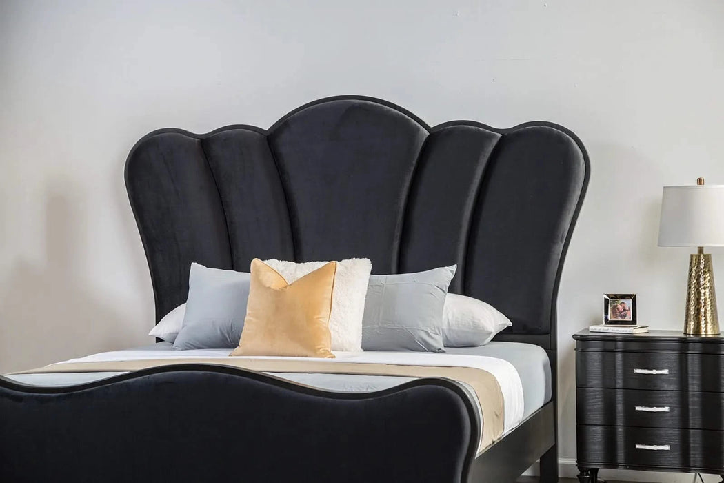 Lovely Attractive Bedroom 3pc Set Queen Size Bed 2x Nightstands Black Fabric Padded HB Wood Legs Default -DTYStore