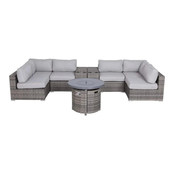 Luxurious 9-Piece Outdoor Sectional Sofa Set with Cushions and Fire Pit, Mixed Gray HDPE Wicker, 148'' Wide Default -DTYStore