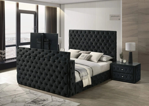 Luxurious King Size Bed Nightstand Set Deeply Tufted Headboard Upholstery Black Velvet Footboard Integrated Television Lift Mechanism Storage 3pc Set Default -DTYStore