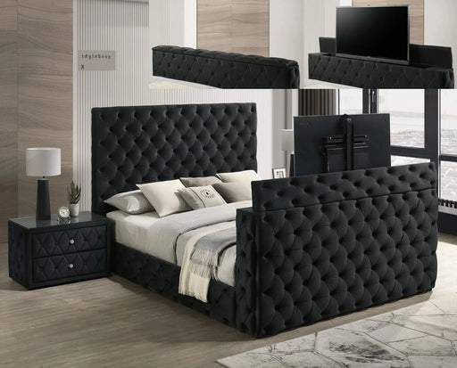 Luxurious King Size Bed Nightstand Set Deeply Tufted Headboard Upholstery Black Velvet Footboard Integrated Television Lift Mechanism Storage 3pc Set Default -DTYStore