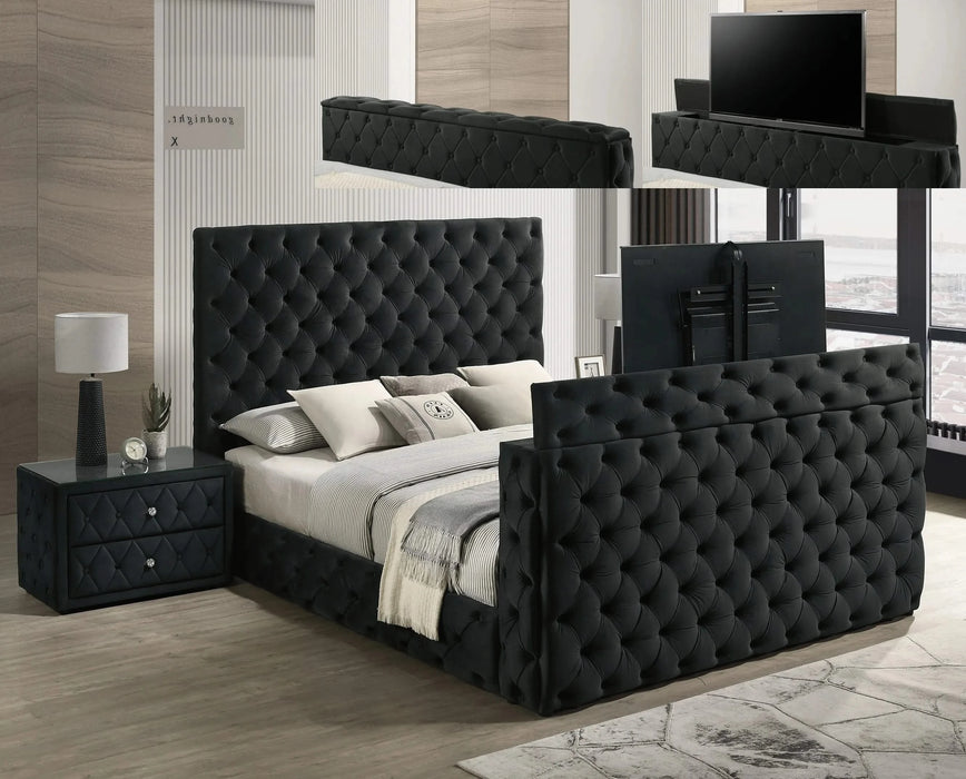 Luxurious King Size Bed Nightstand Set Deeply Tufted Headboard Upholstery Black Velvet Footboard Integrated Television Lift Mechanism Storage 3pc Set Default -DTYStore