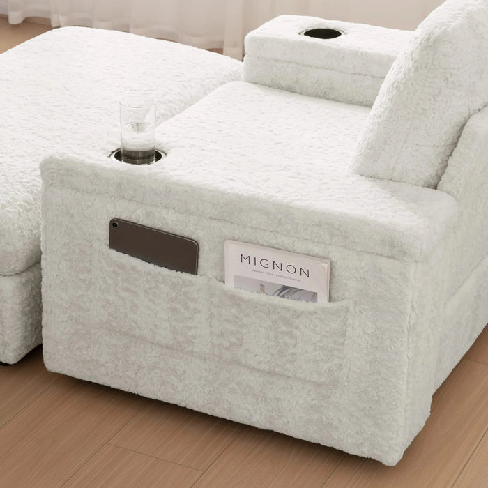 Luxurious Oversized Chaise Lounge Sofa Bed with Storage Ottoman and Armrests, Cup Holders, Faux Rabbit Fur, 42-Inch for Living Room or Bedroom Default -DTYStore