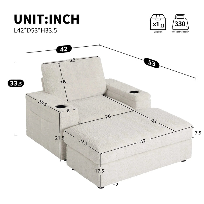 Luxurious Oversized Chaise Lounge Sofa Bed with Storage Ottoman and Armrests, Cup Holders, Faux Rabbit Fur, 42-Inch for Living Room or Bedroom Default -DTYStore