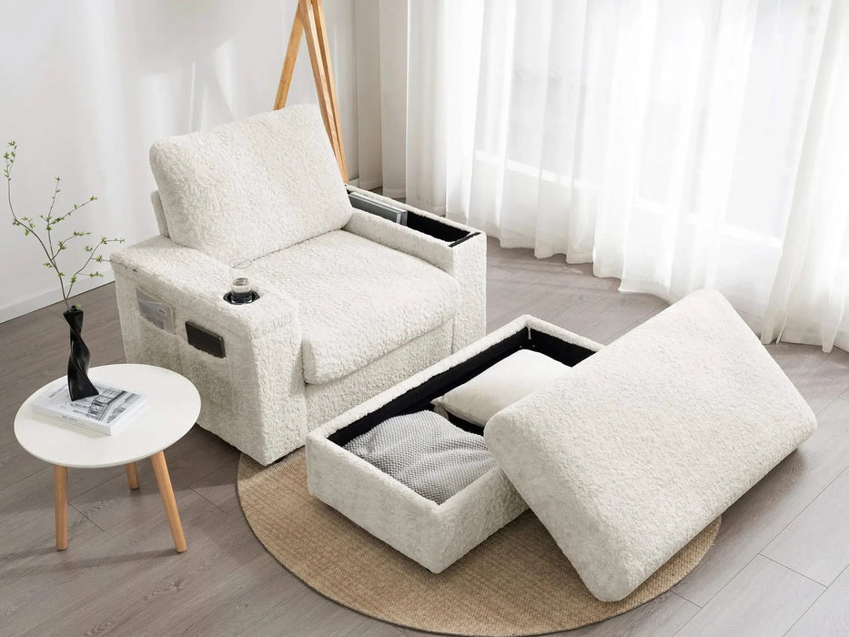 Luxurious Oversized Chaise Lounge Sofa Bed with Storage Ottoman and Armrests, Cup Holders, Faux Rabbit Fur, 42-Inch for Living Room or Bedroom Default -DTYStore