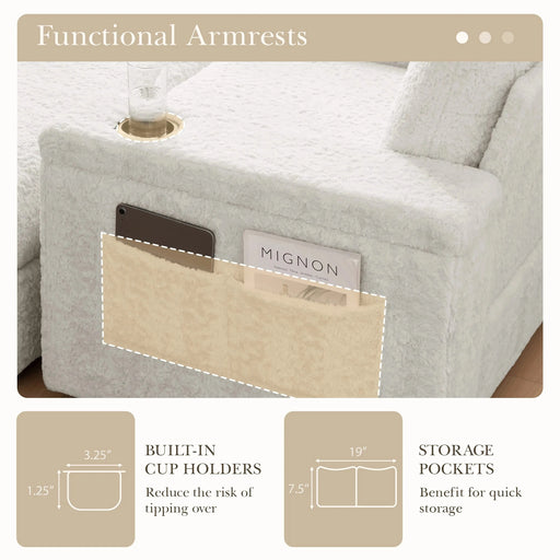 Luxurious Oversized Chaise Lounge Sofa Bed with Storage Ottoman and Armrests, Cup Holders, Faux Rabbit Fur, 42-Inch for Living Room or Bedroom Default -DTYStore