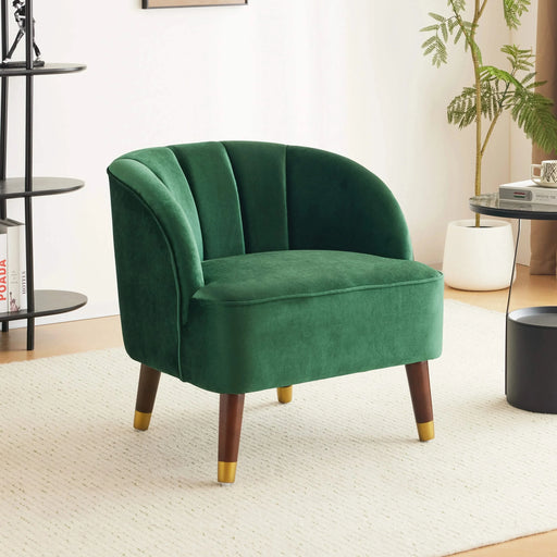 Luxurious Upholstered Barrel Accent Chair with Wooden Legs in Emerald Velvet Default -DTYStore