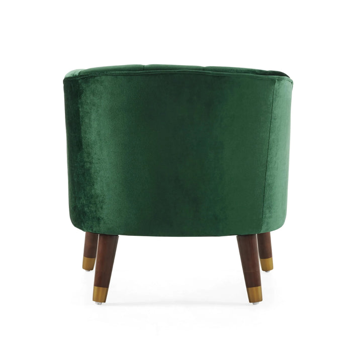 Luxurious Upholstered Barrel Accent Chair with Wooden Legs in Emerald Velvet Default -DTYStore