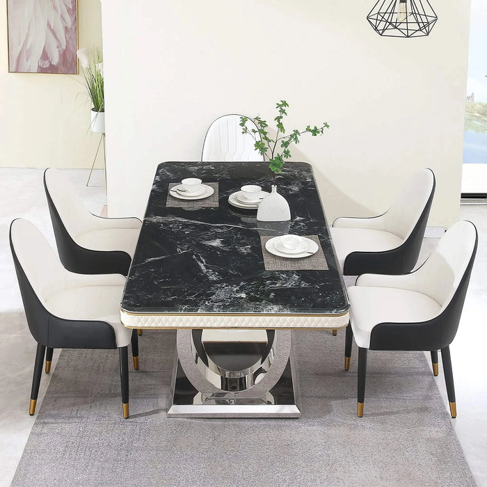 Luxury Modern 78.7in Black Dining Table with Faux Marble Top and Dual Circle Base Default -DTYStore