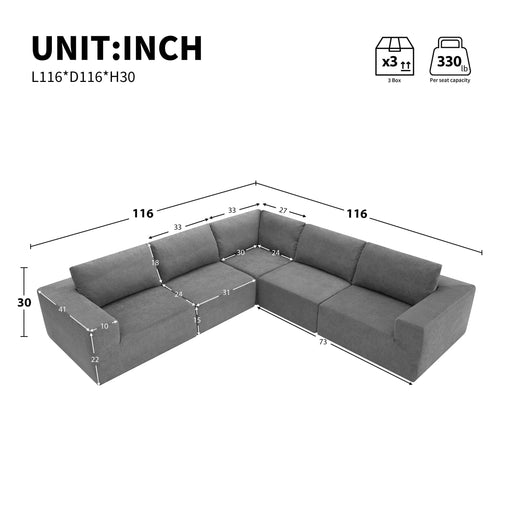 Luxury Modular L-Shaped Sectional Sofa, Convertible Floor Couch Set, Terrycloth Upholstered, 116*116 Inches, Gray Default -DTYStore