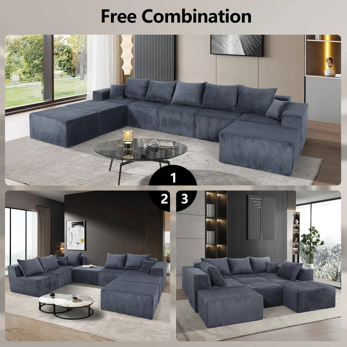 Luxury Modular U-Shaped Sectional Sofa with Chaise Lounge and Bed, Grey Corduroy Upholstery, No Assembly Needed Default -DTYStore