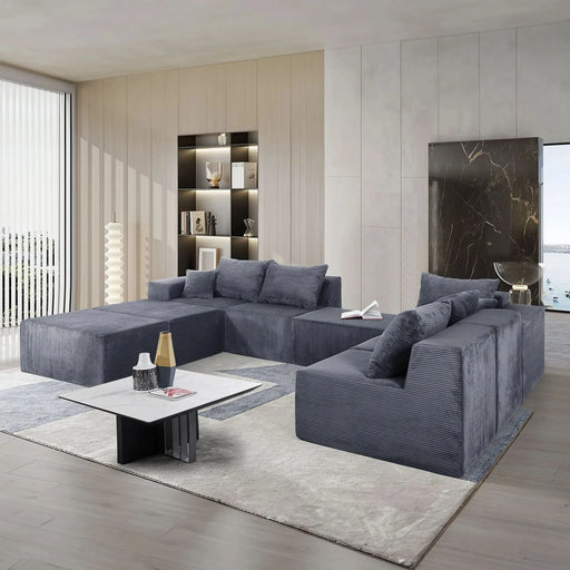 Luxury Modular U-Shaped Sectional Sofa with Chaise Lounge and Bed, Grey Corduroy Upholstery, No Assembly Needed Default -DTYStore