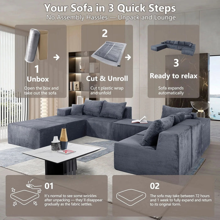 Luxury Modular U-Shaped Sectional Sofa with Chaise Lounge and Bed, Grey Corduroy Upholstery, No Assembly Needed Default -DTYStore