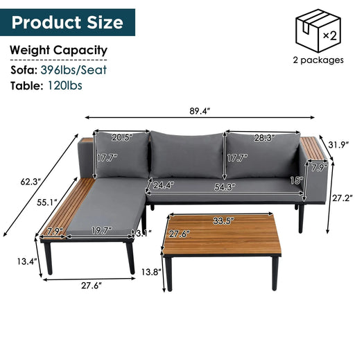 Luxury Patio Furniture Set with Removable Cushions and Coffee Table, L-Shaped Acacia Wood Sofa with Side table, Outdoor Conversation Sectional Sofa for Backyard, Porch, Gray Default -DTYStore