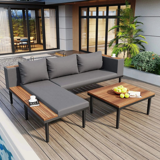 Luxury Patio Furniture Set with Removable Cushions and Coffee Table, L-Shaped Acacia Wood Sofa with Side table, Outdoor Conversation Sectional Sofa for Backyard, Porch, Gray Default -DTYStore