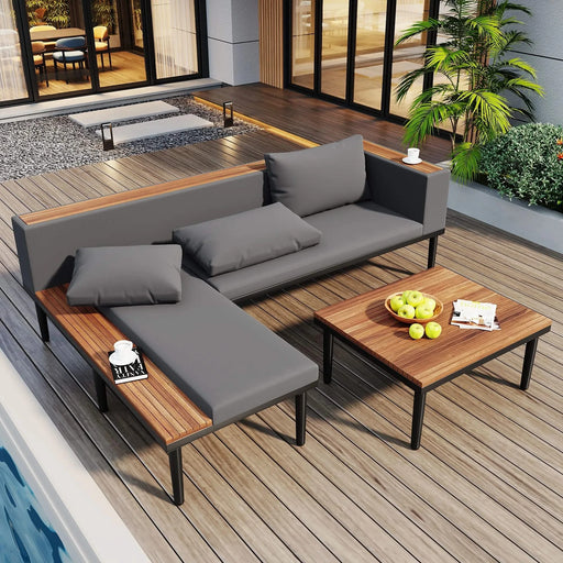 Luxury Patio Furniture Set with Removable Cushions and Coffee Table, L-Shaped Acacia Wood Sofa with Side table, Outdoor Conversation Sectional Sofa for Backyard, Porch, Gray Default -DTYStore