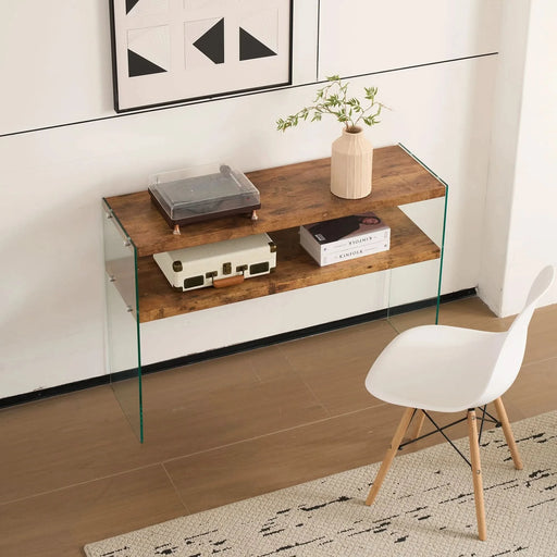 MDF Console Table, Big Side Table, Walnut Tempered Glass Desk,Entry Table Default -DTYStore
