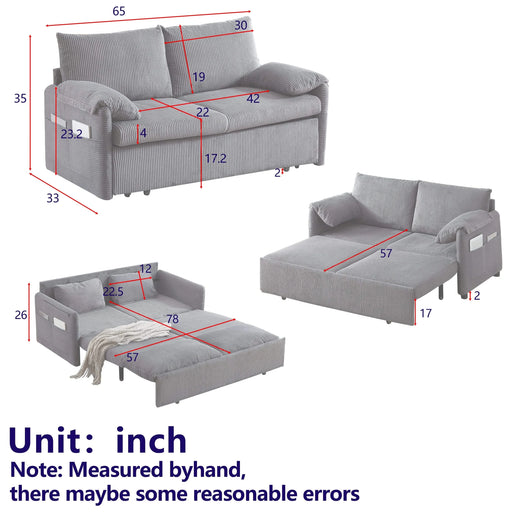 MH'' 64.5 Inch Sleeper Sofa Bed 3-in-1 Adjustable Sleeper with Pullout Bed 2 Pillows and Side Pockets Soft Corduroy Convertible Sleeper Sofa Bed for Living Room Bedroom Apartment Office Default -DTYStore