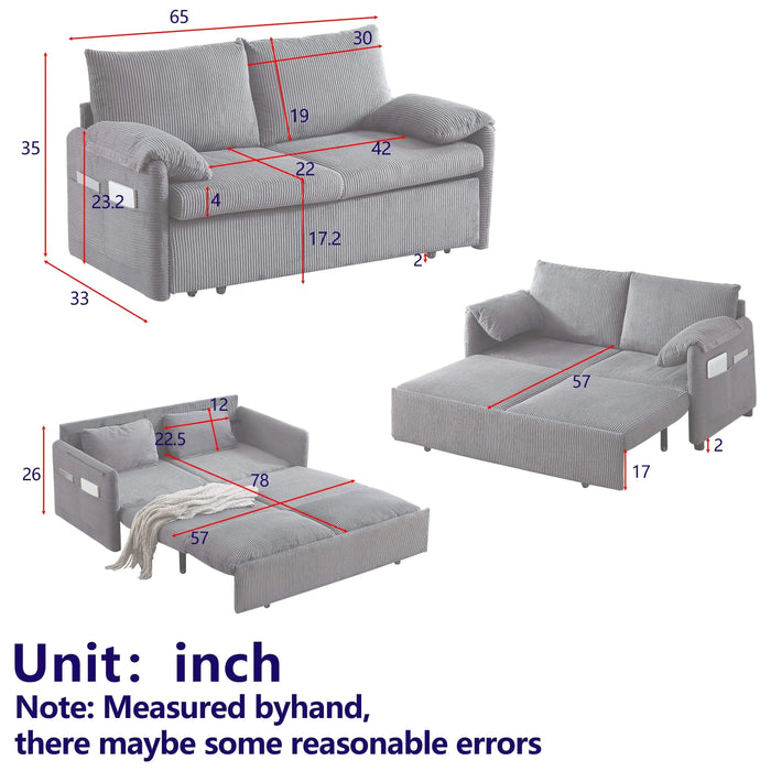 MH'' 64.5 Inch Sleeper Sofa Bed 3-in-1 Adjustable Sleeper with Pullout Bed 2 Pillows and Side Pockets Soft Corduroy Convertible Sleeper Sofa Bed for Living Room Bedroom Apartment Office Default -DTYStore